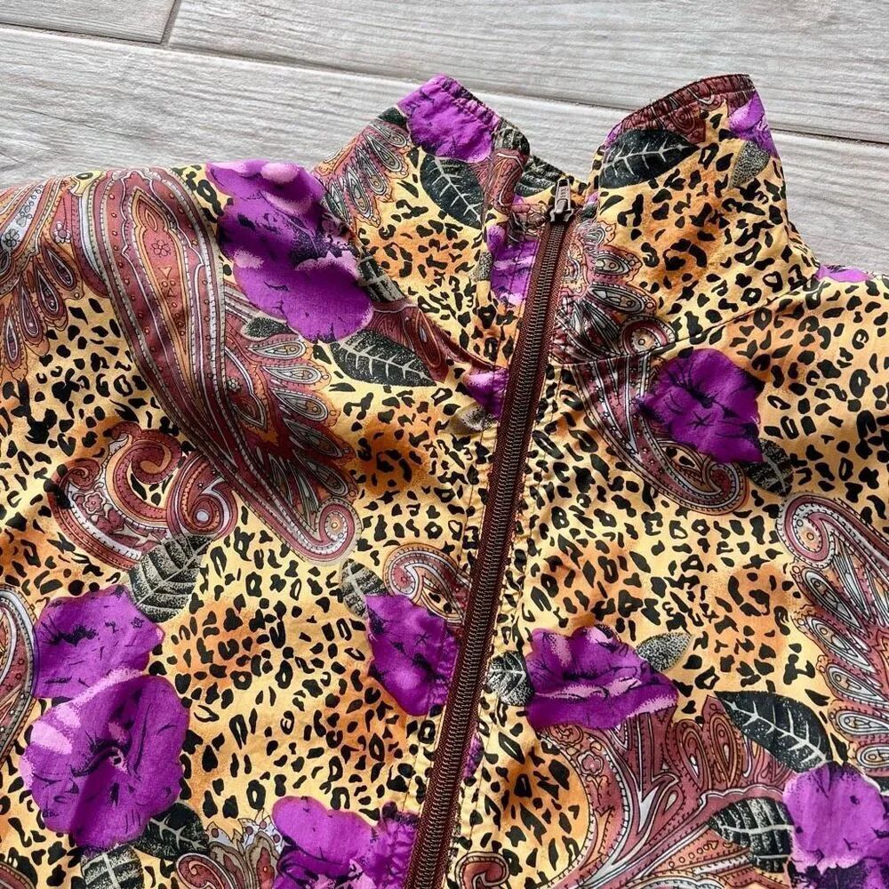 Retro Silk Road Womens Multicolor Paisley‎ Floral Animal Print Bomber Jacket M - Picture 2 of 8
